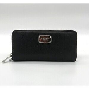 Michael Kors Jet Set Large Travel Continental Black Pebbled Leather Zip Wallet